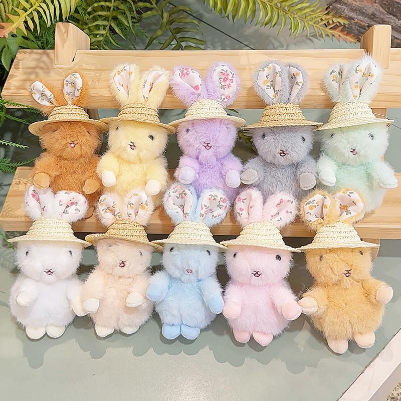 Cute Plush Rabbit Keychain With Floral Ear And Straw Hat Design For Daily Use