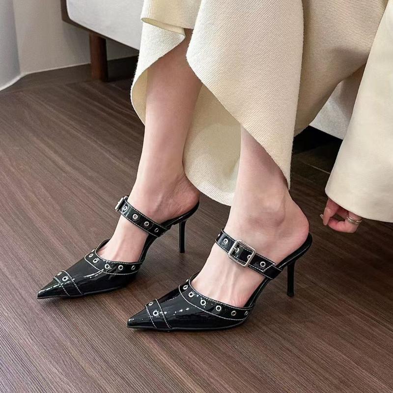 

Мода 2025 Новые панк гот металлические пряжки туфли на высоком каблуке женские сандалии летние с острым носком вечерние туфли модные туфли-лодочки 34 чёрный