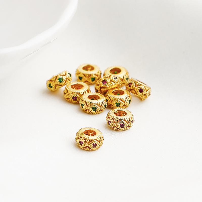 Gold-Plated Zircon-Inlaid Lace Drum Beads: Hollow Large Hole Spacers for DIY Necklaces