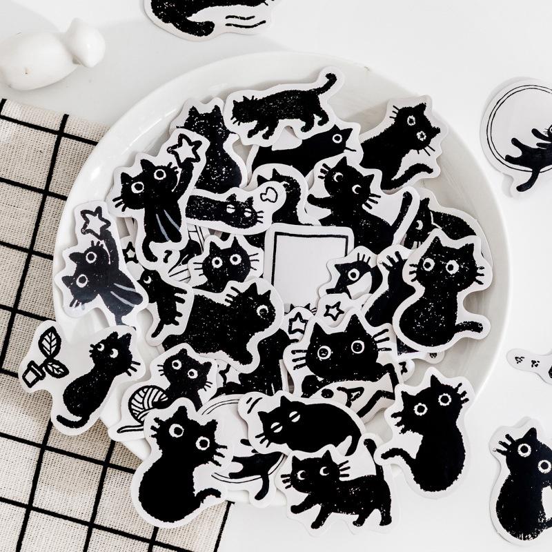 45Pcs Black Cat Theme Stickers Decoration Kawaii Cute Cats Stickers Self-Adhesive Scrapbooking Stickers For Laptop Planners