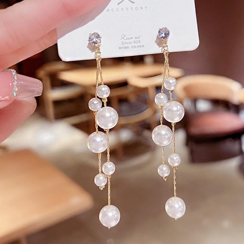 Imiation Pearl Long Tassel Dangle Earrings for Women Wedding Party Statement Jewelry Golden Rhinstones Trendy Drop Earrings
