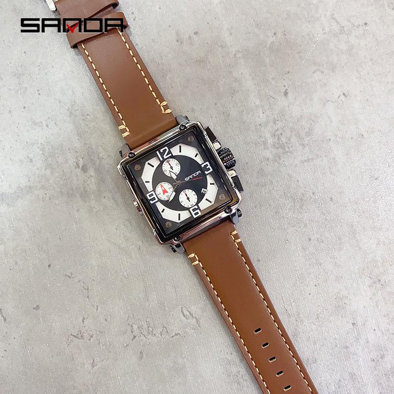 

Новые кварцевые мужские часы Sanda, трехглазые, минималистичные модные модные часы с шестью иглами, водонепроницаемые с датой