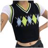 Womens Casual Plaid Knitted Tank Top  Knitwear Preppy Style V-Neck Vest Sweater