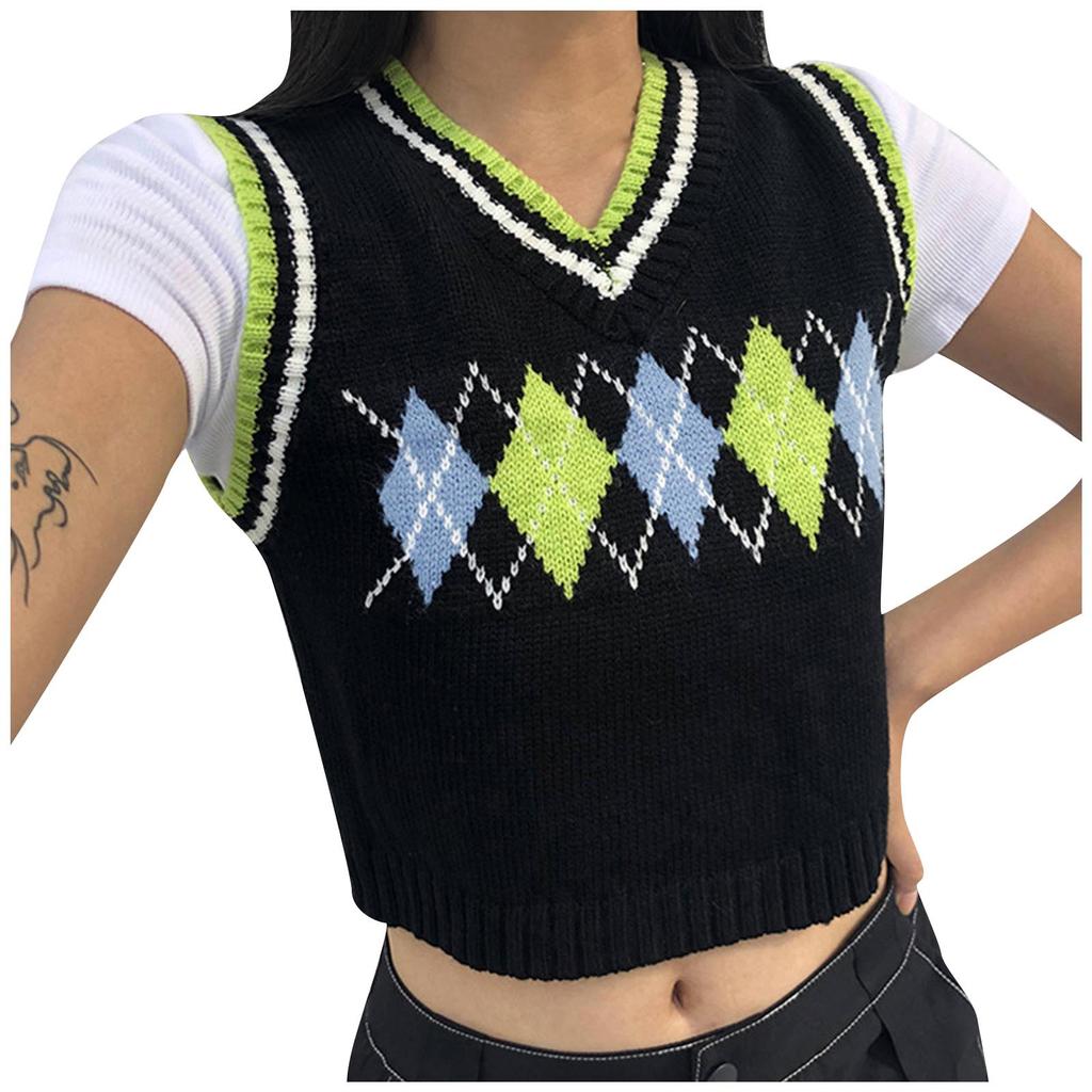 Womens Casual Plaid Knitted Tank Top  Knitwear Preppy Style V-Neck Vest Sweater