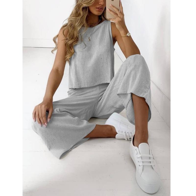 Amazon's popular 2024 summer new cotton and linen suit European and American sleeveless top nine-point wide-leg pants two-piece set for women