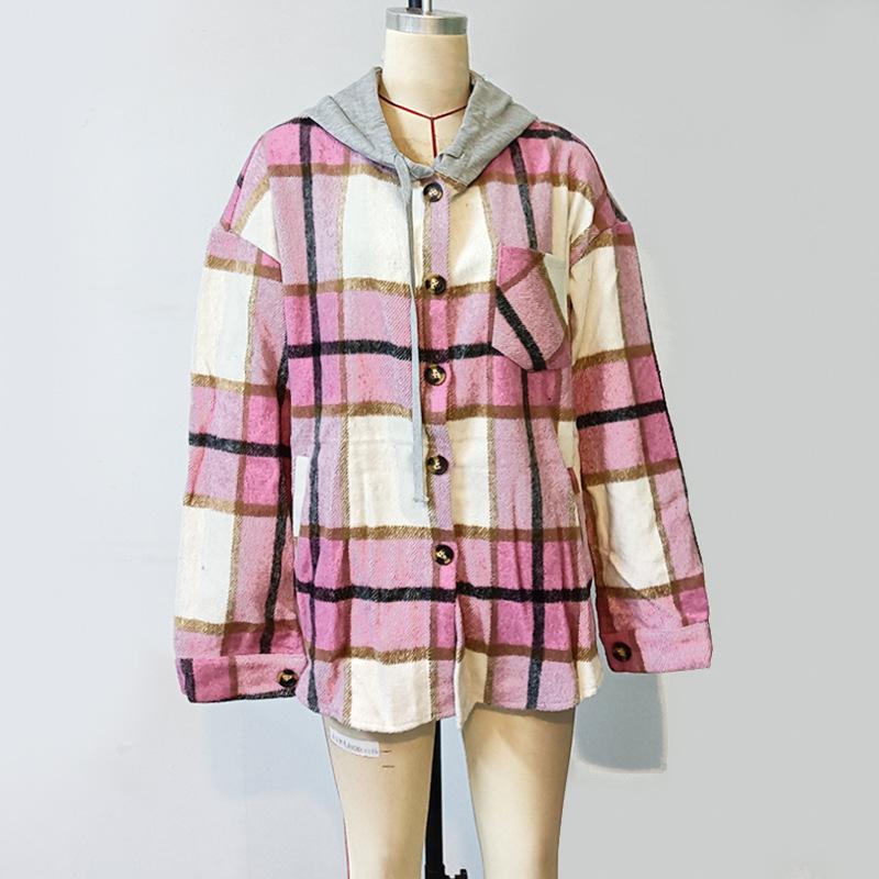 Herbst Damen Plaid Bedruckte Kapuze Patchwork Langarm Lose Tweed Jacke