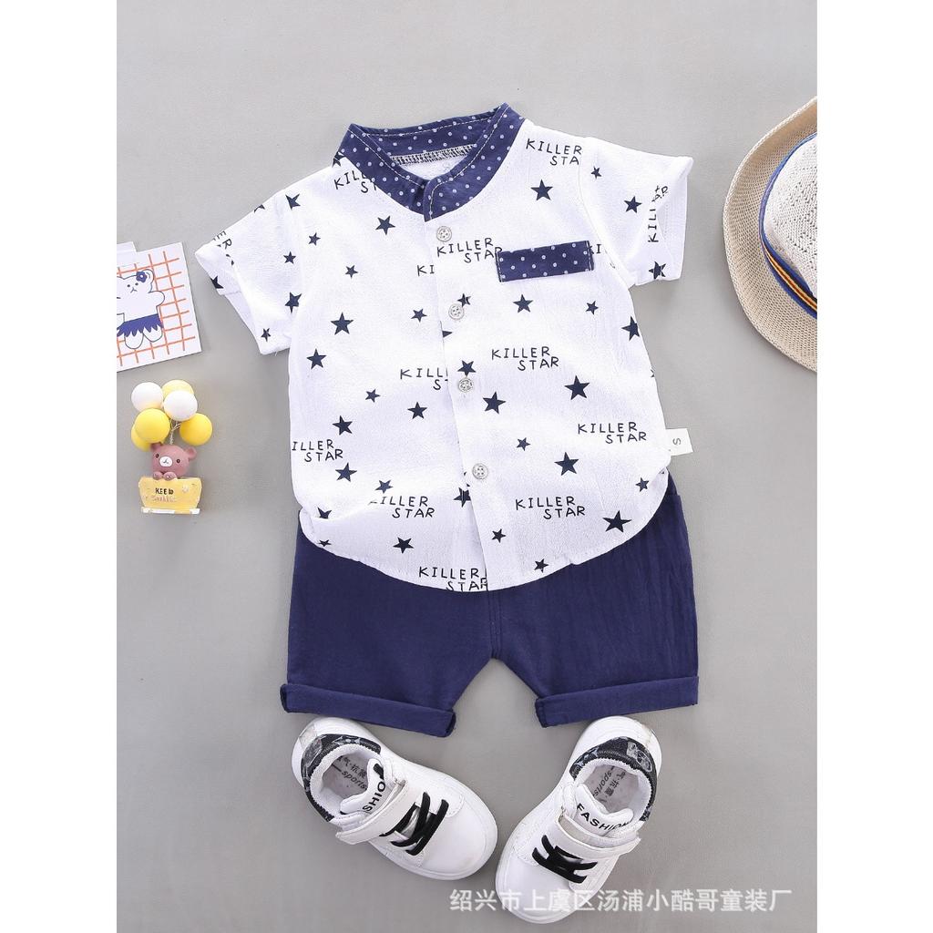 Summer Printed Pyramid Shirt Short Sleeved Shorts Set for Male and Female Infants and Young Children