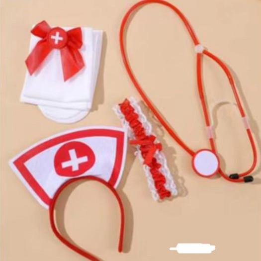 Halloween Nurse Headwear with Fake Stethoscope Pen Sexy Nurse Headwear Headband Lace Red Cute Cosplay Costume Birthday Makeup