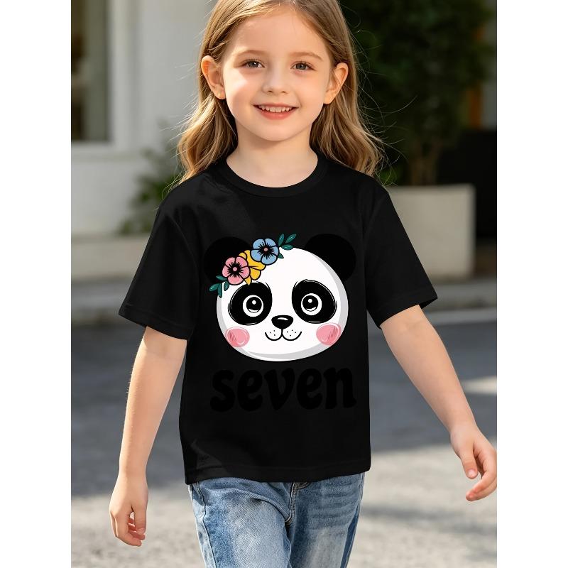 Kids Crewneck Short Sleeve Tee, Cartoon Giant Panda Print Summer Casual Top 110 чёрный