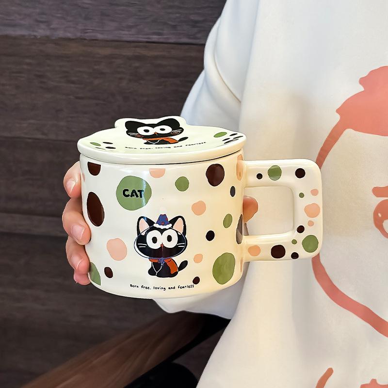 

Мультяшная кружка с котом в горошек, офисная чашка для воды высокой ценности с крышкой, чашка для печенья, бытовая чашка для молока для завтрака 350ML