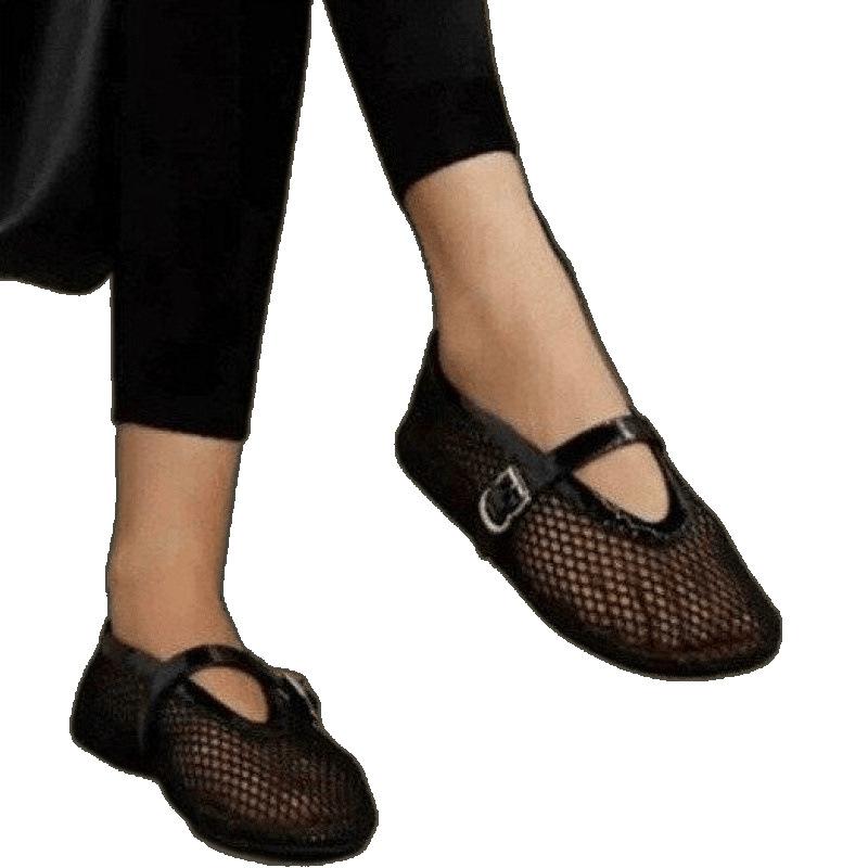 European and American Round Head Fishing Net Grid Hollow Mary Jane Single Shoes Women Go Out 42 Large Size Summer New Foreign Trade Sandals