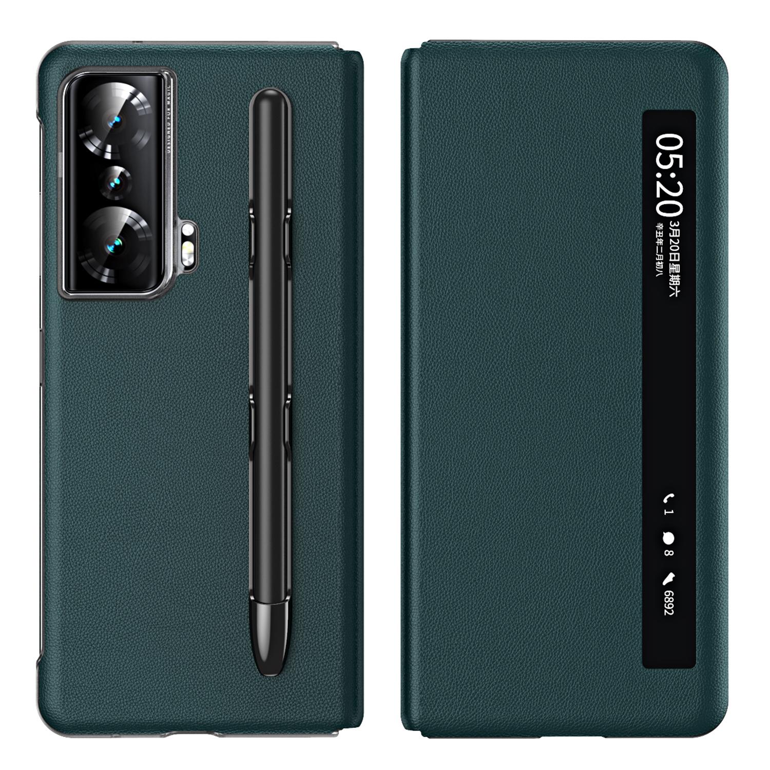 

Для Honor Magic Vs Ultimate 5G/Magic Vs 5G Чехол из ПУ-кожи с текстурой личи и смотровым окошком, складная подставка, с отделением для стилуса и стилусом Green