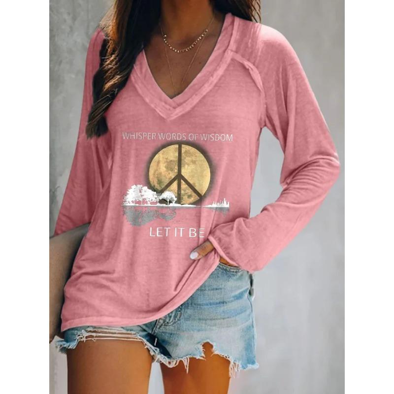 Ilstile Women's Hippie Style Print T-Shirts Long Sleeve V Neck Tops Casual Loose Tees Fashion Female Clothing