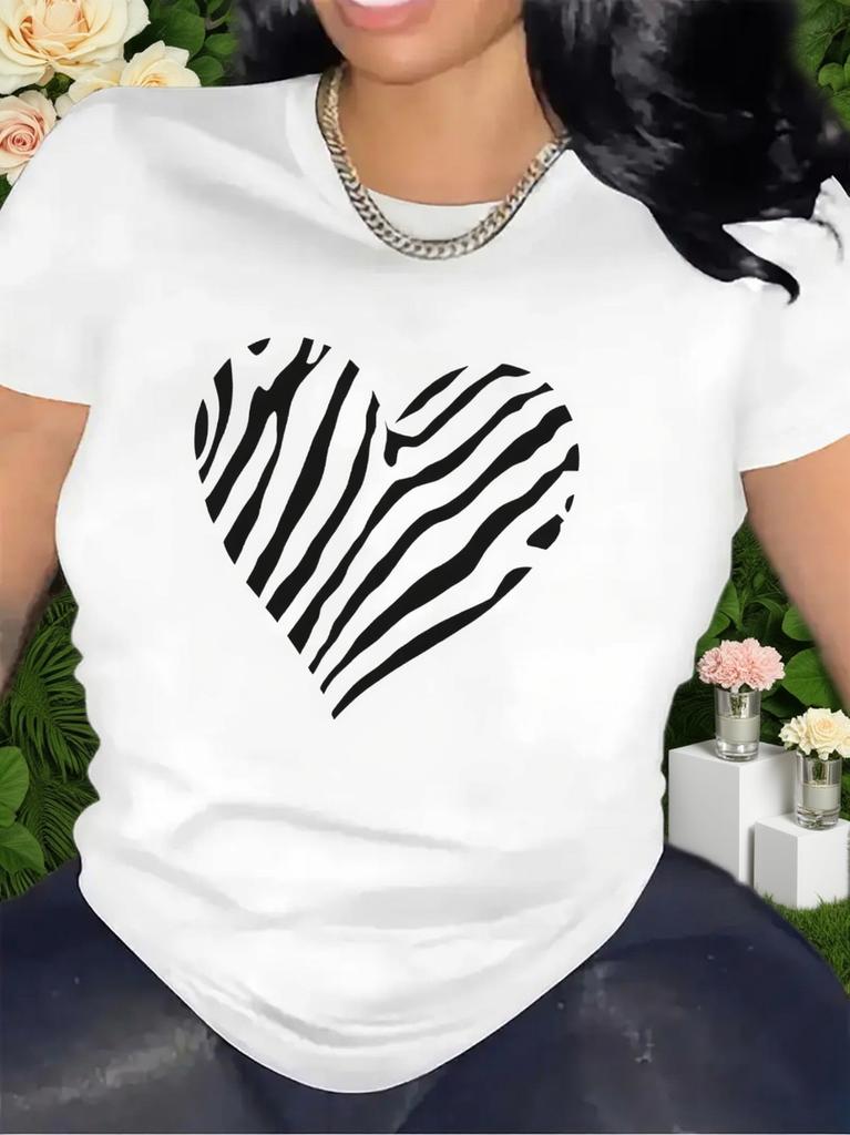 Zebra Print Heart Design Short Sleeve T-Shirt for Perfect for Casual Dining Room or Living Room Ideal Gift for Fashion Lovers