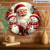2D Flat 1pc Round Aluminum Hanging Sign, Vintage Santa Claus Two Snowmen Christmas Tree Metal Wall Decor, Xmas Winter Farmhouse Front Door Porch