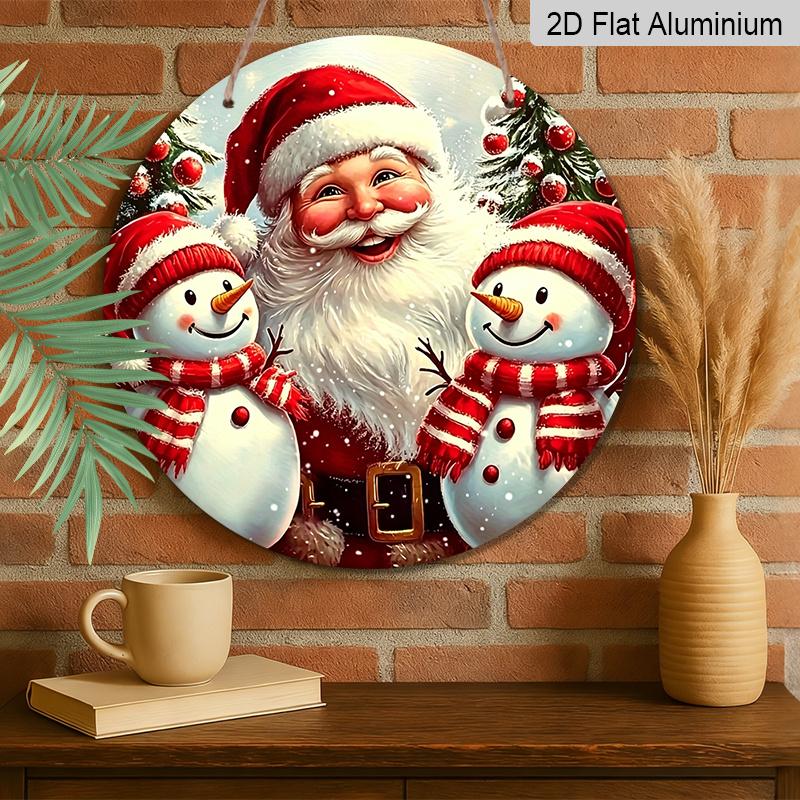 2D Flat 1pc Round Aluminum Hanging Sign, Vintage Santa Claus Two Snowmen Christmas Tree Metal Wall Decor, Xmas Winter Farmhouse Front Door Porch