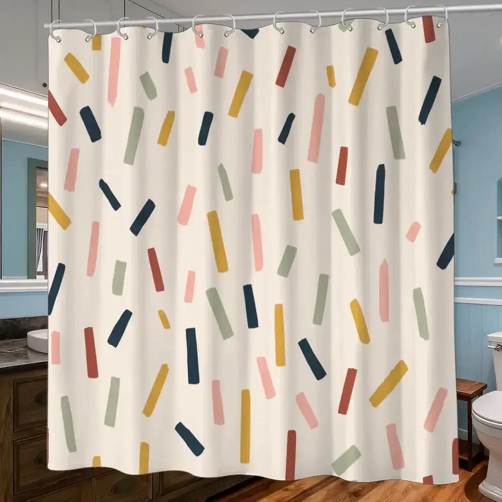 

80S Retro Confetti Shower Curtain – Cream Base With Multicolor Bars, 12 Hooks, 70.87X70.87 Vintage Party Decor W60H190(CM)-1 Pcs