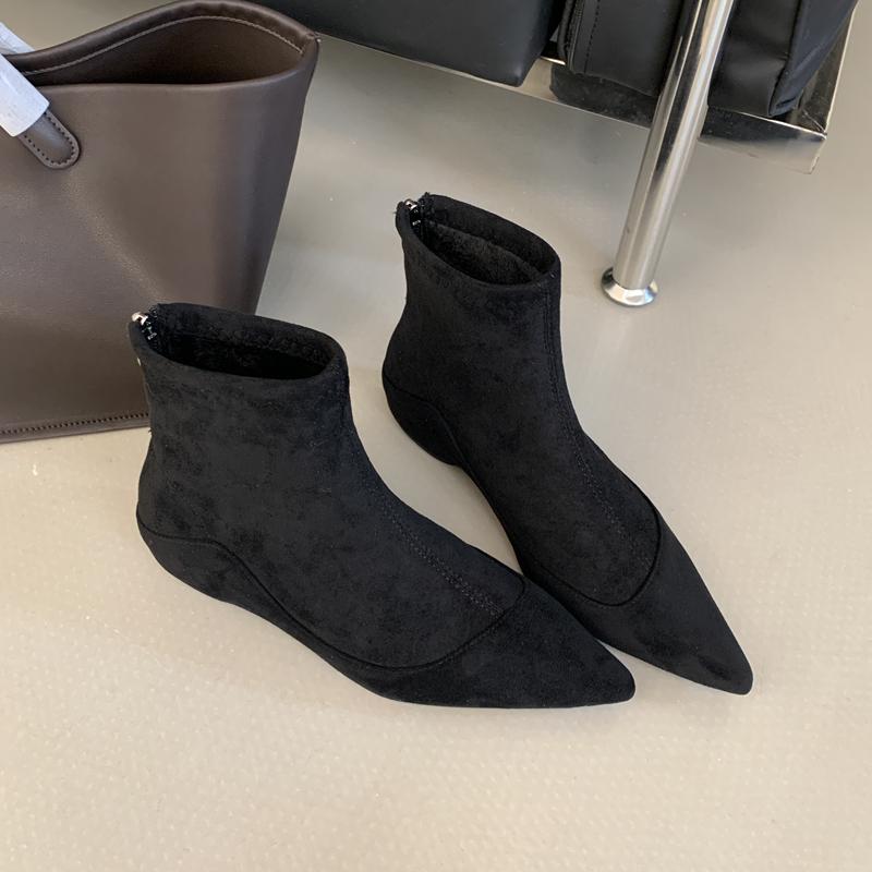 Fashion SUOJIALUN 2025 New Brand Women Ankle Boots Fashion Pointed Toe Ladies Slides Zipper Ladies Elegant Short Boots Low Wedge Heel Sh