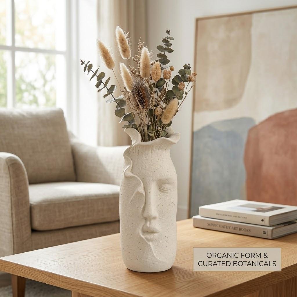 Abstract Face Ceramic Vase, 9" Sculptural Flower Pot, Modern Art Home Decor for Living Room, Minimalist Table Centerpiece