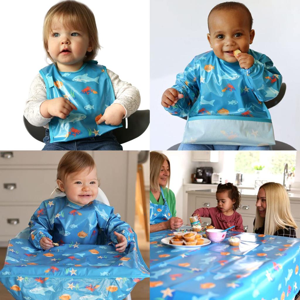 Meal Machine Baby Meal Long Sleeve Sea Creature [Vivetta] Apron, Washable, Food, Apron, Wipe-Easy, Coverall, Bib, Tablecloth, Turquoise,