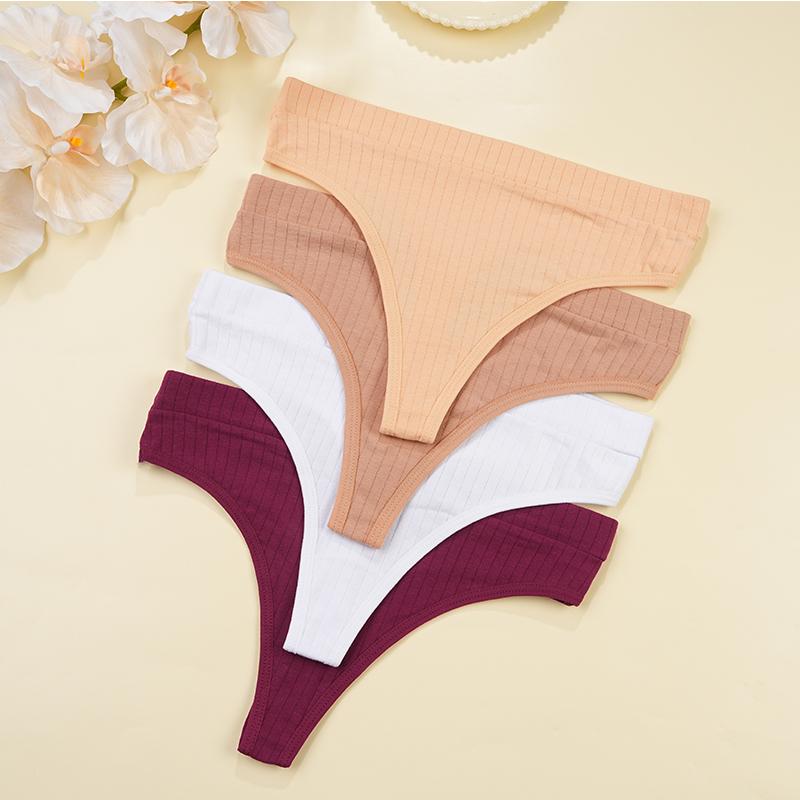 FINETOO 4 ks/sada Dámské bavlněné tanga kalhotky Ženské žebrované s nízkým pasem G-string Dámské sexy bikini string Dívčí měkké S-L Intimní prádlo