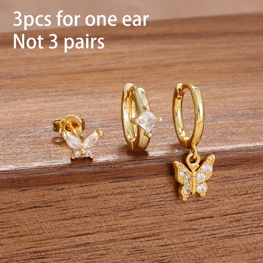 3PCS Korean Stainless Steel Butterfly Crystal Zirconia Round Hoop Earrings Set For Women Gold Plated Fashion Jewelry Gift Aretes