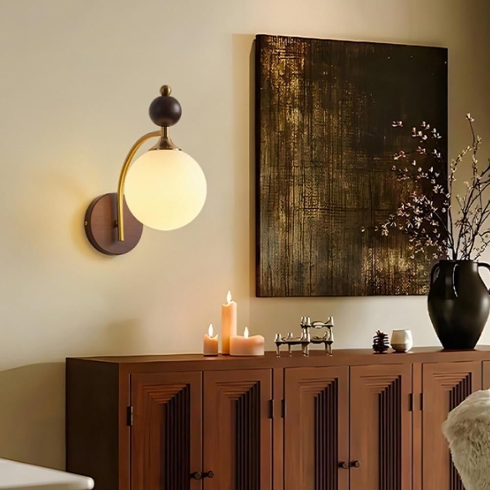 Innen Globus Glas Wandleuchte Schirm Retro Holz Wandleuchte Modern Minimalistisch Nachttisch Wandlampe Mid Century Nordische Wandmontierte Laterne für Wohnzimmer