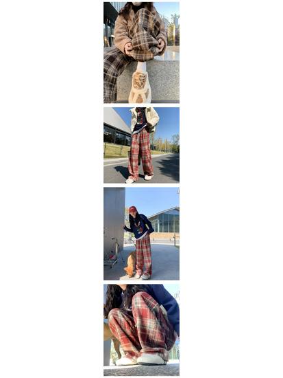 Women's Dark Blue Wool Plaid High-Waist Wide-Leg Trousers for Autumn and Winter