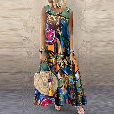 Summer Round Neck Printed Cotton Linen Sleeveless Long Plus Size Dress for Women