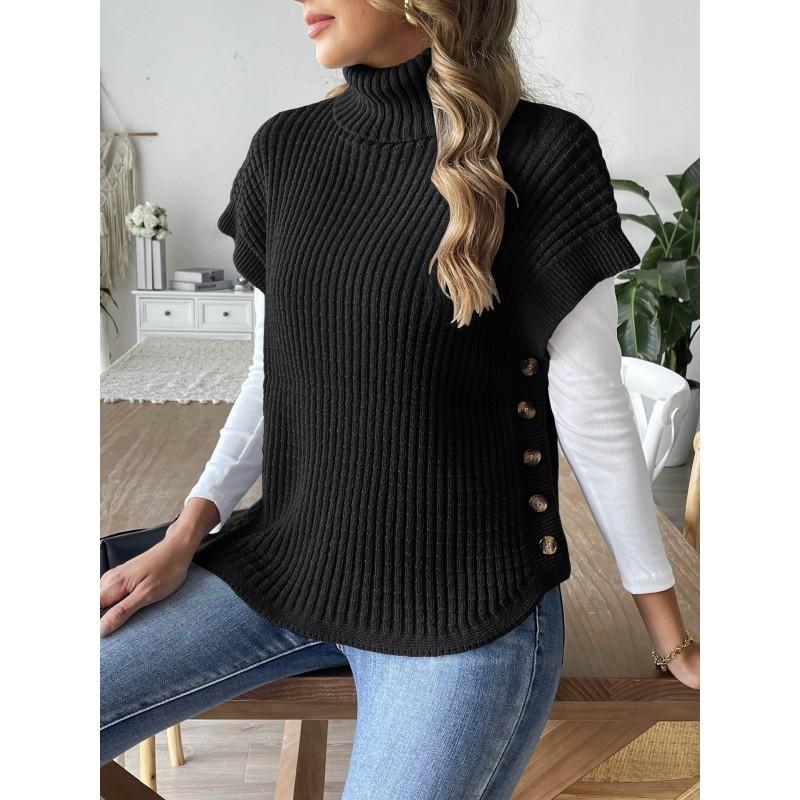 Womens High Neck Knit Vest With Button Detail Casual Sleeveless Top Street Style
