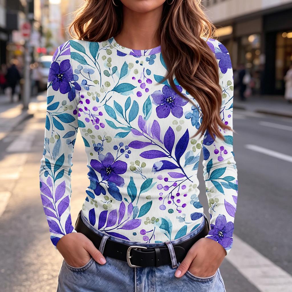 Maglietta da Donna Casual Slim Fit con Stampa Floreale a Manica Lunga e Girocollo per l'Uso Quotidiano