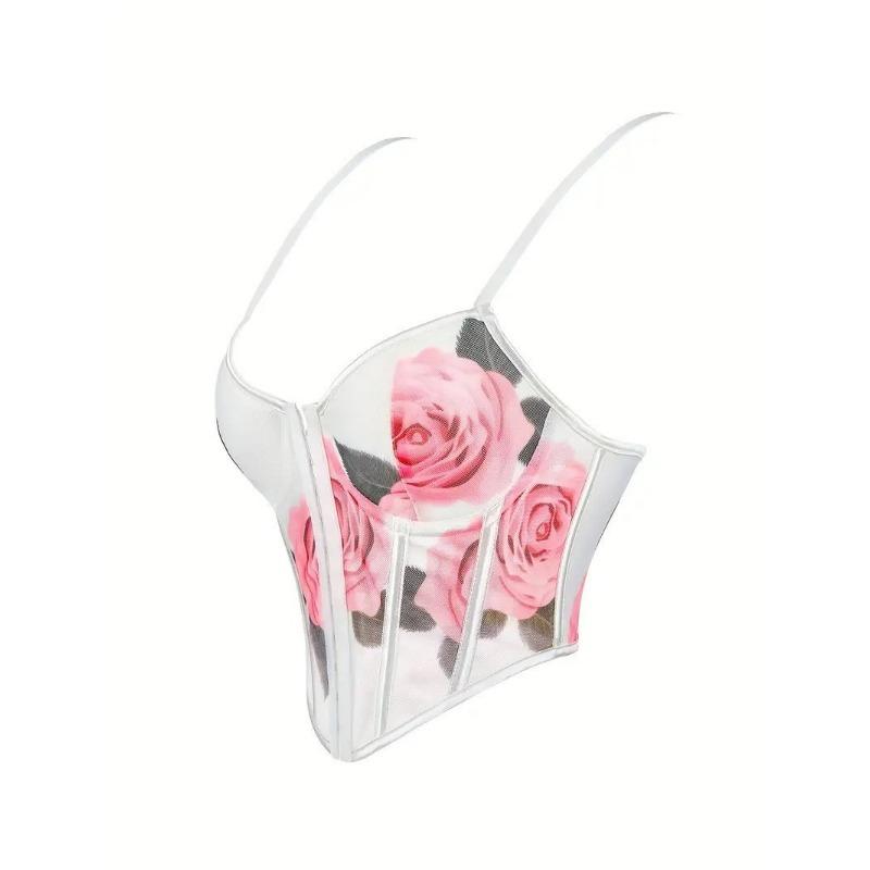 Mesh Rose Print Front Hook Corset Top Spaghetti Strap Bustier Crop Top for Women