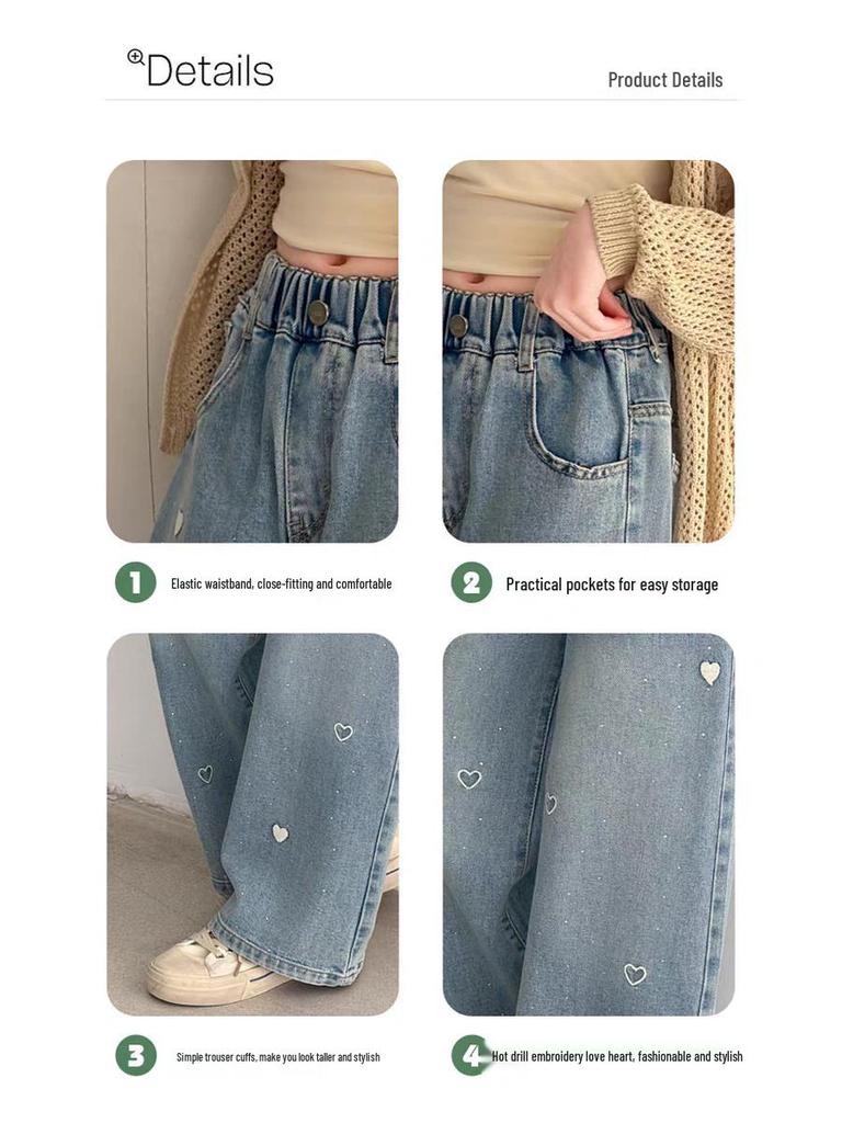 Spring 2026 Girls' Wide-Leg Denim Trousers for Kids - Stylish Spring/Autumn Wear