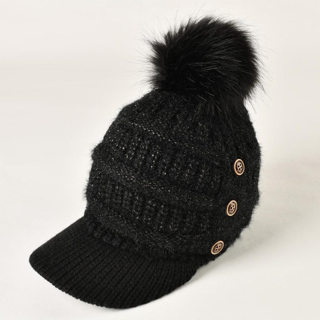 Autumn Winter Women Button Plush Thickened Warm Duck Tongue Big Wool Ball Knitted Wool Hat