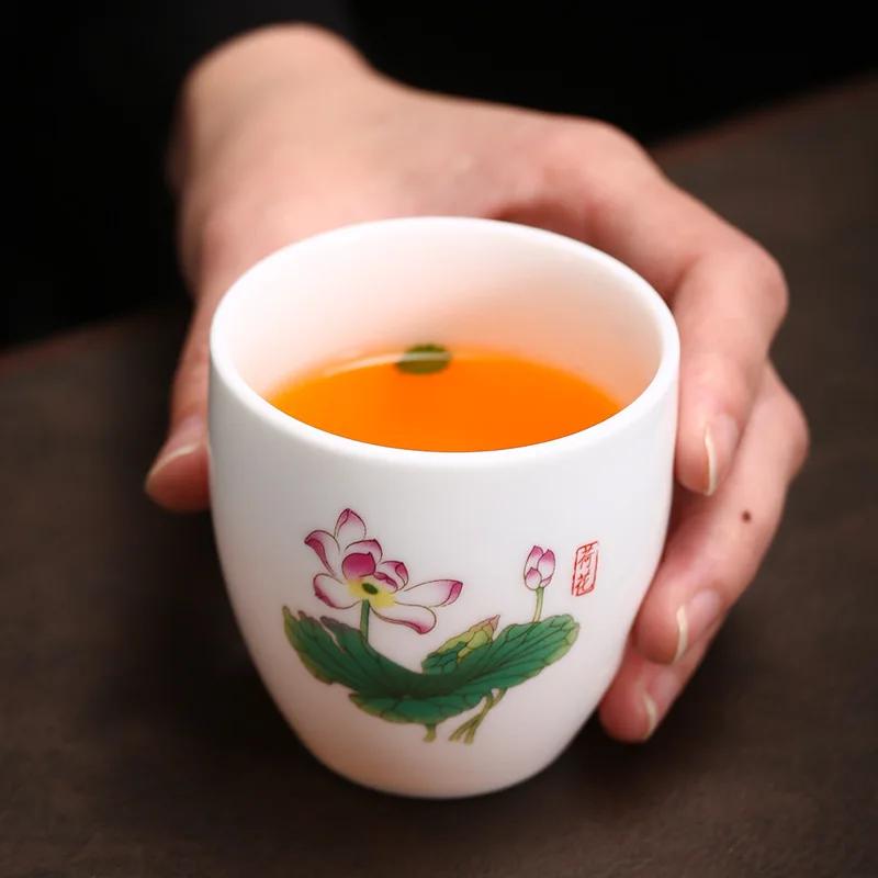 4pcs White Porcelain Teacup 145ml High-capacity Hand-Painted Ceramic Tea Bowl Travel Meditation Cup Chinese Tea Set