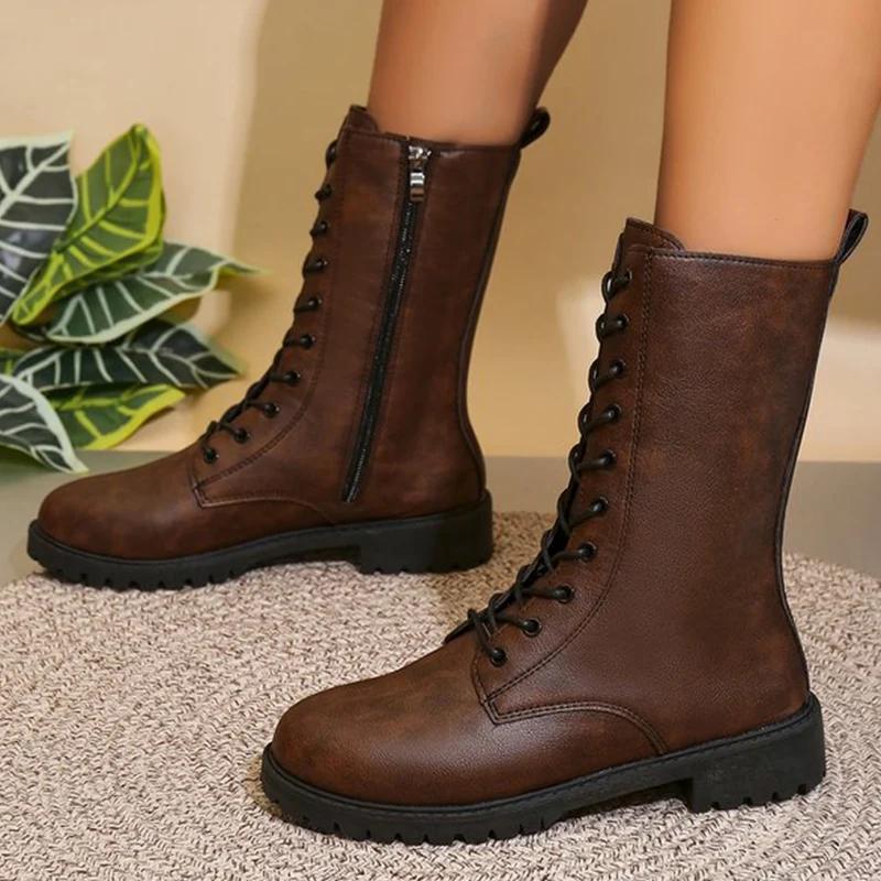Fashion Lace Up Zipper Boots for Women Autumn Winter 2025 Solid Platform Modern Boots Woman Square Heel