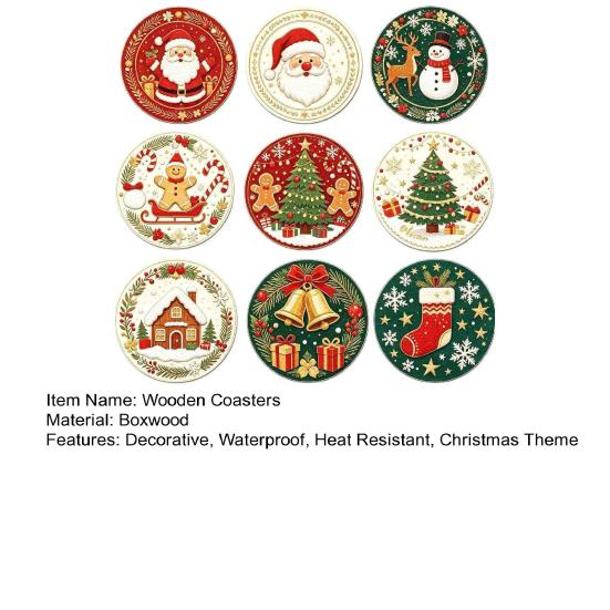 Christmas Wooden Coasters 9Pcs Set, Heat Resistant Cup Mats, Waterproof Non Slip Drink Round Table Protection Mats for Home Office Desk Accessories