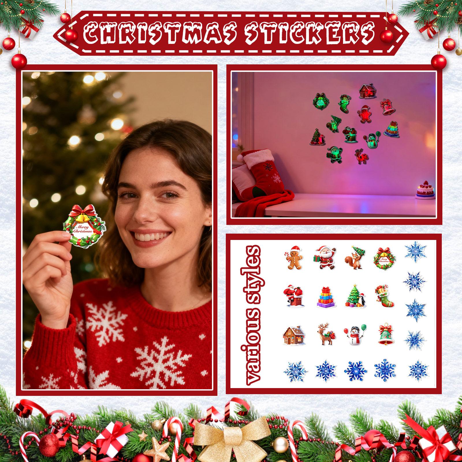 

3D Рождественские светодиодные наклейки на стену - Дизайн Санты и снежинки для украшения праздничной атмосферы, 3D стерео и светодиодный эффект свечения One Size