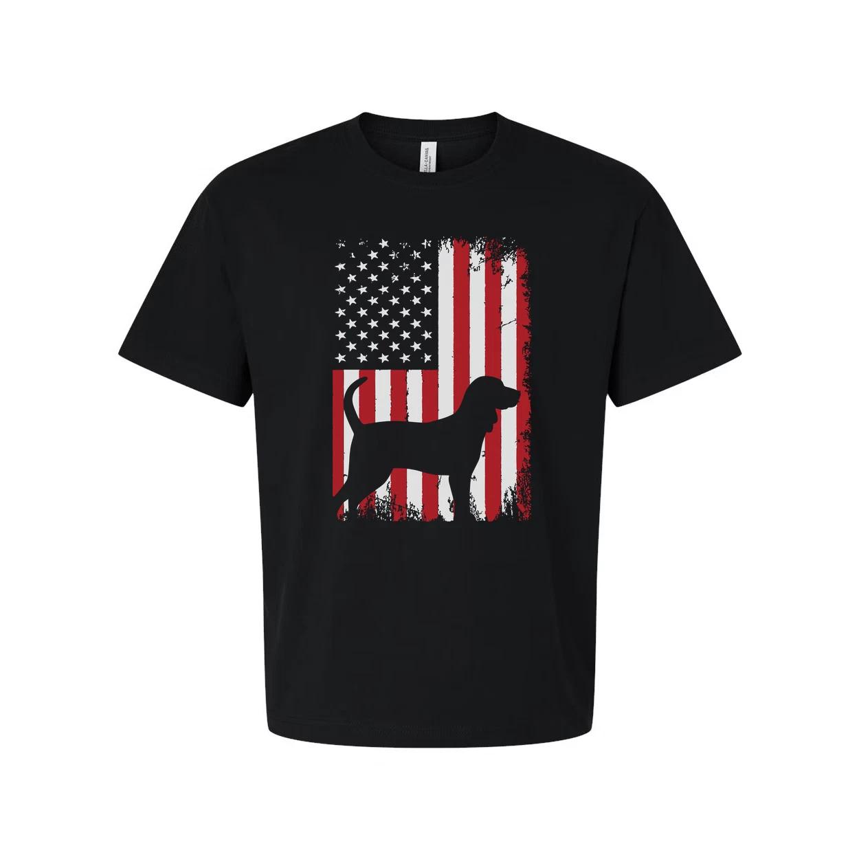 Unisex Patriotic Dog Silhouette Overlaid On Grunge American Flag Graphic T Shirt 4XL