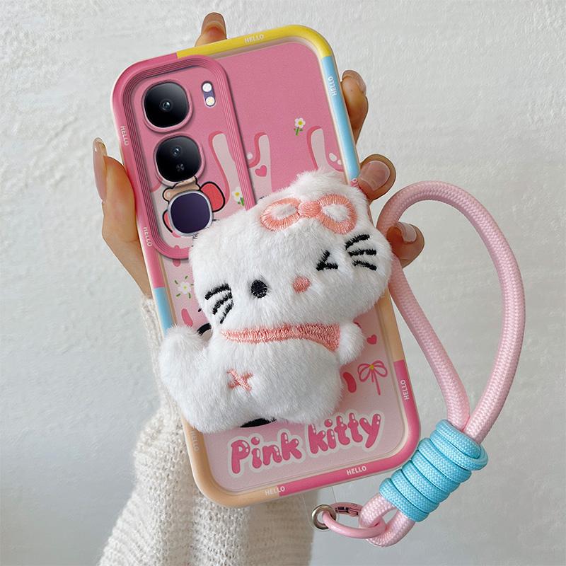 KEYSION Cute 3D Cartoon Plush Case for VIVO V40 Lite V40 SE 80W with Lanyard Soft Silicone Shockproof Phone Cover for VIVO Y19S Y200 5G