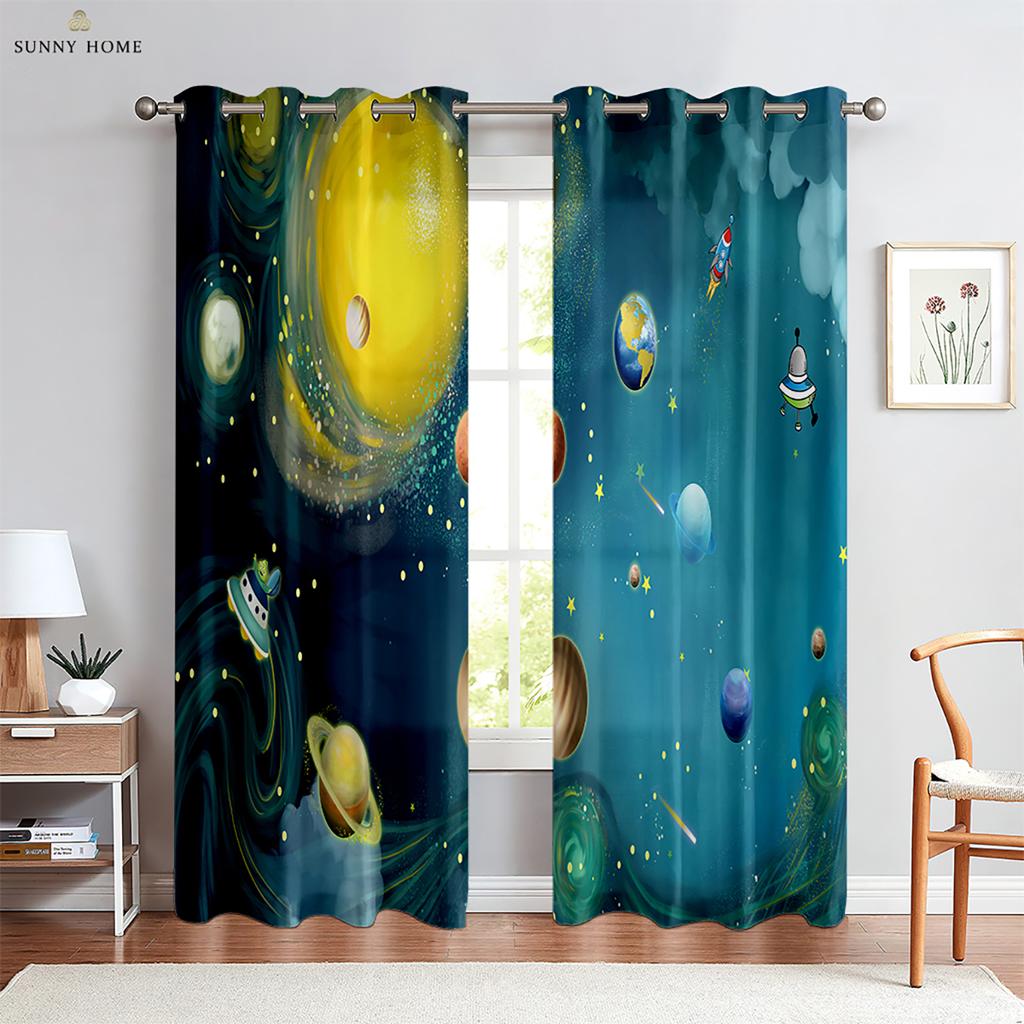Cartoon Starry Sky Planet Curtains Children's Room Living Room Study Window Decoration Curtains Can Be Customized 2 Pieces