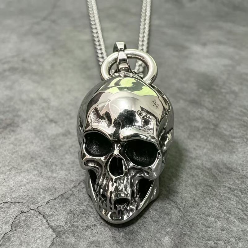 HNSP 316L Stainless Steel Solid Skull Head Pendant Chain Necklace For Men Punk Gothic Motorcycle Style Skeleton Jewelry Gift