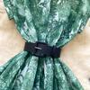 Women's Lapel Collar Vintage Midi Shirt Dress Summer Runway Pleated Short Sleeve Retro Jungle Print Belt Ladies Midi Dresses