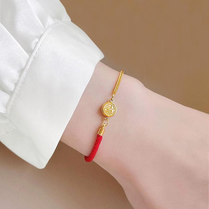 Gold Plated Titanium Steel Lucky Chinese Fu Charm Braided Rope Bracelet Women Fashionable Handmade Wristband