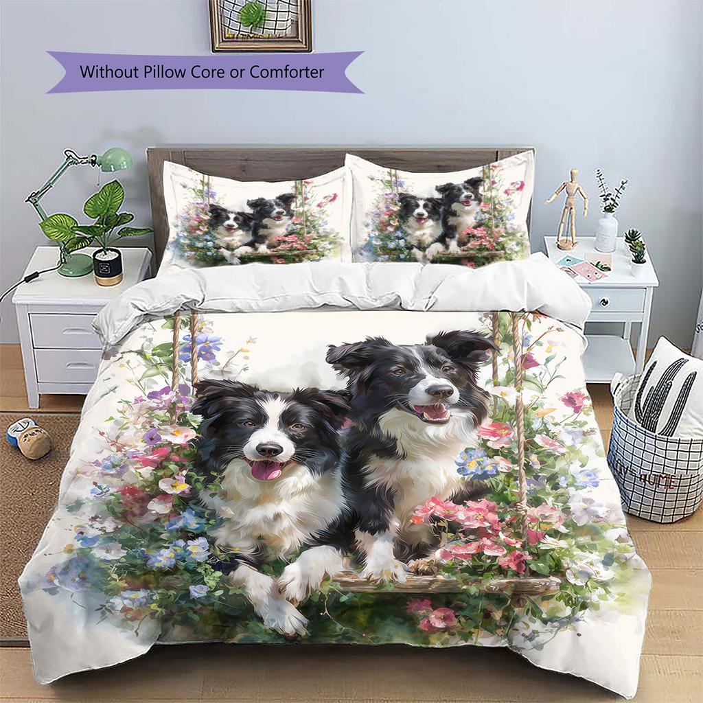 Border Collie Muster Bettwäsche Heimdekoration Geburtstagsgeschenk (1 Bettbezug + 2 Kissenbezüge, ohne Füllung)