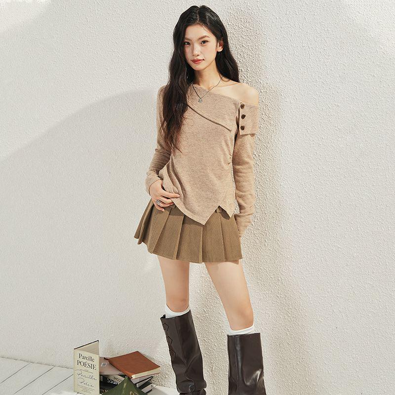 Korean Style Spicy One-Shoulder Long-Sleeve Top with Irregular Hem for Women – 2025 Autumn/Winter Collection M