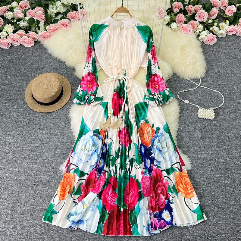 

YYFS Женская мода весна осень цветочный узор принт длинный рукав О-образный вырез высокая талия повседневные платья One size