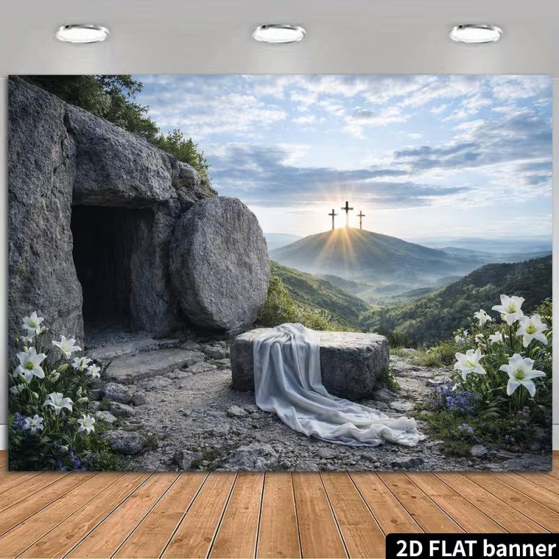 

2D Calvary Cross Background, Empty Tomb with Three Crosses Backdrop for Easter & Church 47.2x31.5inch/120*80cm