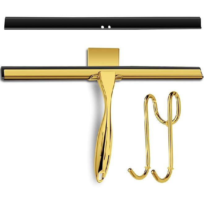 14 Inch Shower Squeegee Stainless Steel with Shower Door Hook and Adhesive Hook Glass Squeegee Bathroom for Doors, Bathroom, Windows, Kitchen, Mirror