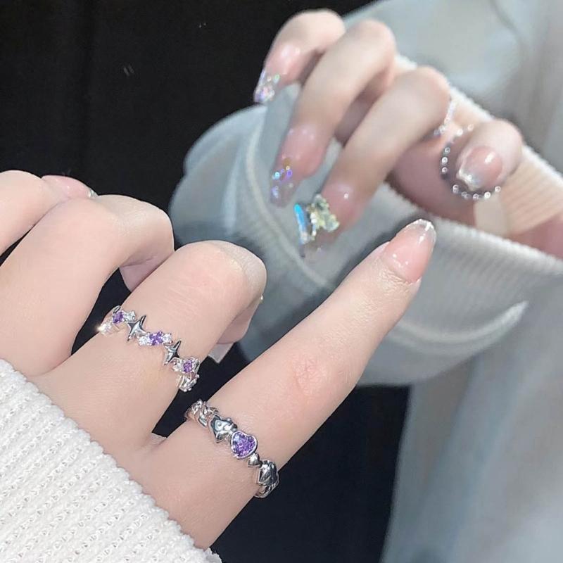2 Pieces Adjustable Rings Purple Rhinestone Engagement Rings Y2K Rings Aesthetic Jewelry Alloy Material Gift for Women